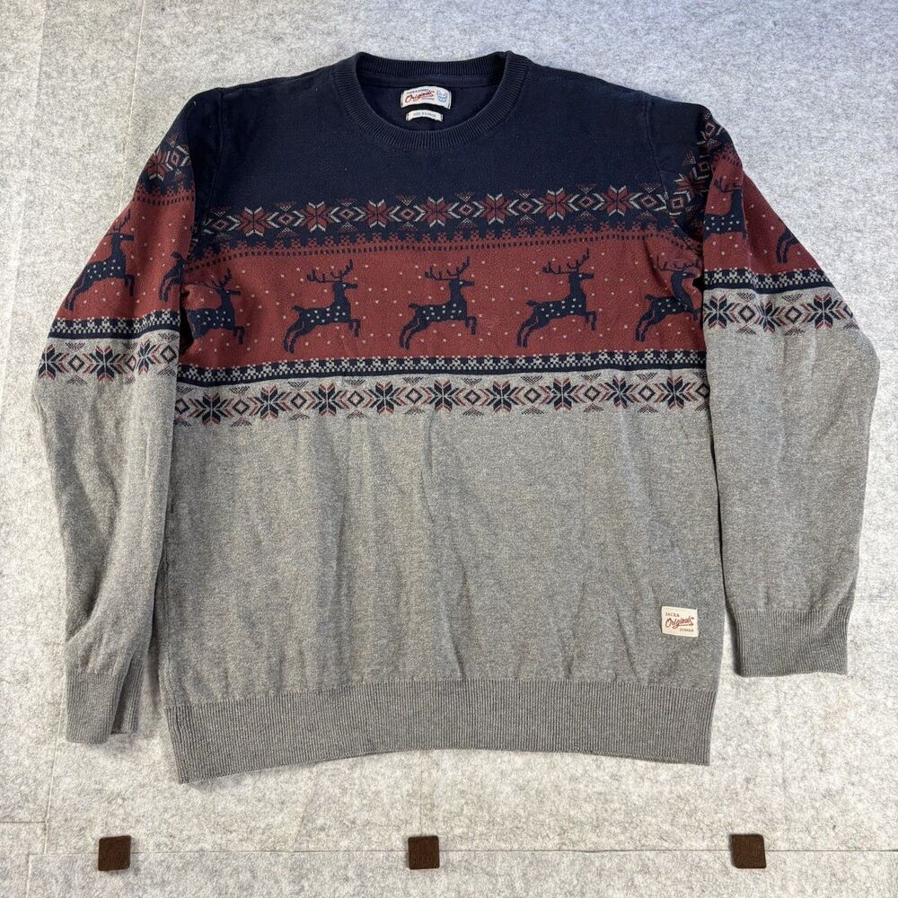 Jack & Jones Originals Christmas Sweater 100% Cotton Gray Red Blue Mens XL EUC
